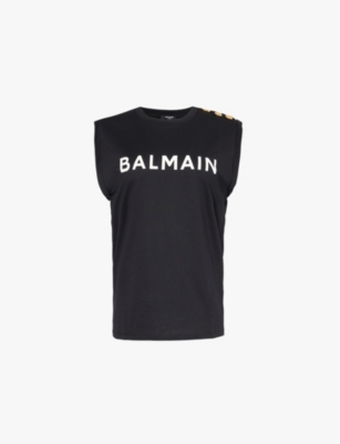 BALMAIN: Brand-print button-embellished cotton-jersey T-shirt