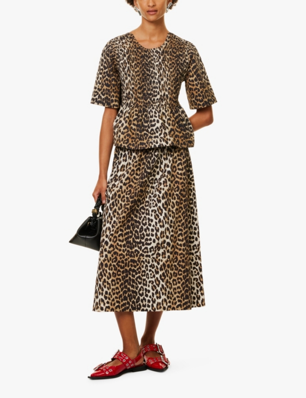 Open-back animal-pattern shirred organic-cotton blouse