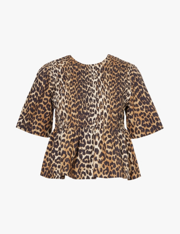 Open-back animal-pattern shirred organic-cotton blouse