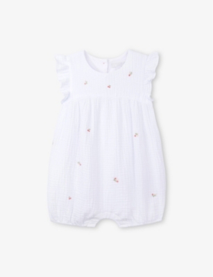 THE LITTLE WHITE COMPANY: Cherry-Embroidered Crinkled Cotton Romper 0-24 Months