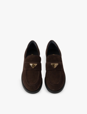 Prada Enamel Triangle-logo Suede Loafers In Brown