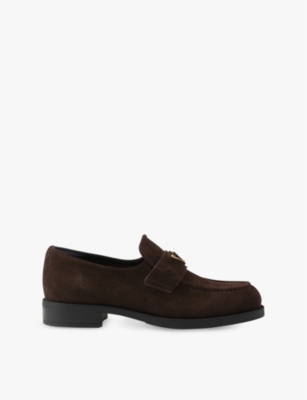 Prada Enamel Triangle-logo Suede Loafers In Brown