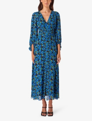 Ro&zo Blue Floral Print Ruched Waist Dress In Blue