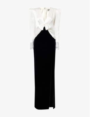ALESSANDRA RICH: Bow-embellished padded-shoulder silk maxi dress