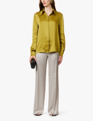 ALBERTA FERRETTI WOMENS GREEN COLLAR LONG SLEEVES SATIN BLOUSE 