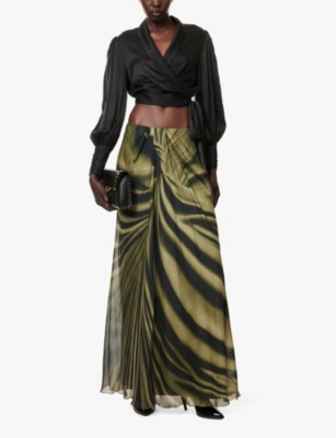 Alberta Ferretti Womens Fantasy Green Abstract-print Chiffon-texture Regular-fit Silk Maxi Skirt In Fantasy Green