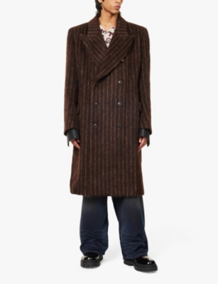 MARTINE ROSE STRIPED-PRINT DOUBLE-BREASTED RELAXED-FIT WOOL-BLEND COAT BROWN-GOLD STRIPE 