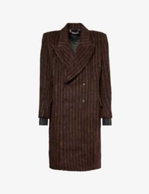 MARTINE ROSE STRIPED-PRINT DOUBLE-BREASTED RELAXED-FIT WOOL-BLEND COAT BROWN-GOLD STRIPE 