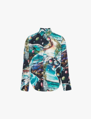 Shop Martine Rose Green Turquoise Space Classic Graphic-print Regular-fit Woven Shirt