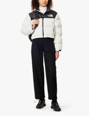 Shop The North Face Womens White Dune/black Nuptse Brand-embroidery Relaxed-fit Shell-down Jacket Xl
