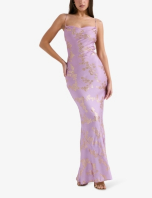 HOUSE OF CB: Capriana metallic floral-jacquard satin maxi dress