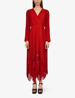 Shop The Kooples Womens Red Lace-panel Pleated Woven Maxi Dress Xs