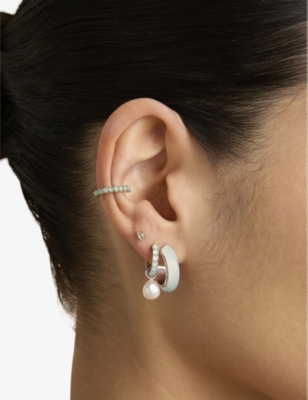 ASTRID & MIYU: Dolce aqua chalcedony, pearl and rhodium-plated recycled sterling-silver huggie earrings