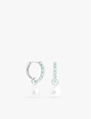 ASTRID & MIYU: Dolce aqua chalcedony, pearl and rhodium-plated recycled sterling-silver huggie earrings