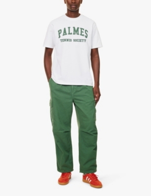 Shop Palmes Mens White Green Ivan Logo Text-print Crew-neck Cotton T-shirt