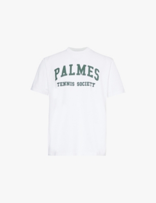 Shop Palmes Mens White Green Ivan Logo Text-print Crew-neck Cotton T-shirt