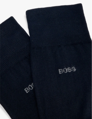 Hugo Boss Mens Intarsia-logo Crew-length Pack Of Two Cotton-blend Knit Socks Black In Black