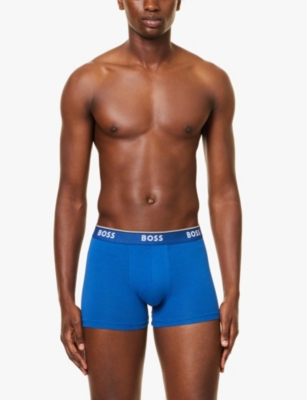 Hugo Boss Three-pack Of Stretch-cotton Trunks With Logo Waistbands In Open Blue