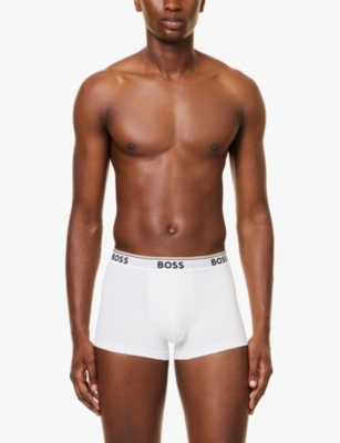 Shop Hugo Boss Mens Boss Branded Waistband Stretch-cotton Boxer Trunks In White