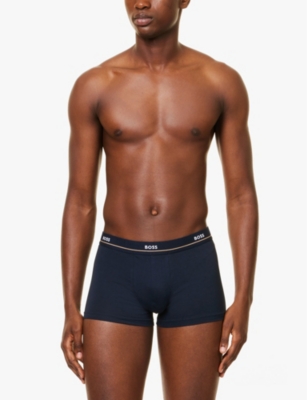 Shop Hugo Boss Mens Open Blue Branded Waistband Stretch-cotton Boxer Trunks