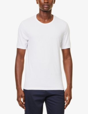 Hugo Boss Boss Mens White Crewneck Embroidered Branding Cotton-jersey T-shirt