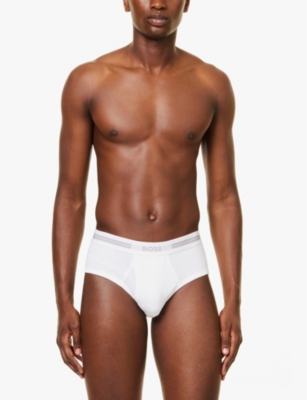 Hugo Boss Mens Branded Waistband Cotton-jersey Briefs White In White
