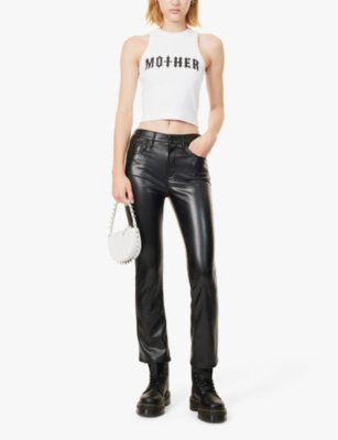 MOTHER WOMENS BLACK THE INSIDER FLOOD FIVE-POCKETS STRAIGHT-LEG MID-RISE FAUX-LEATHER TROUSERS 
