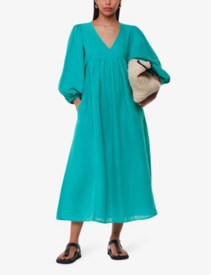 WHISTLES WOMENS GLORIA PUFF-SLEEVE RELAXED-FIT LINEN AND COTTON-BLEND MIDI DRESS TURQUOISE 