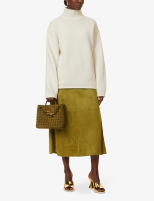 Shop Bottega Veneta Womens Marsh Panelled Split-hem Suede Midi Skirt