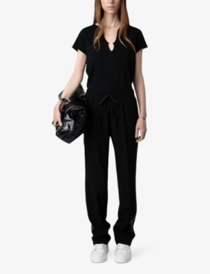 Zadig & Voltaire Womens Noir Regular-fit Button-neck Cotton T-shirt In Noir