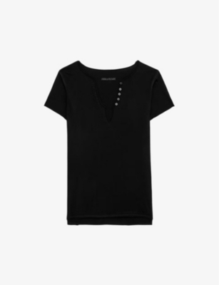 Zadig & Voltaire Womens Noir Regular-fit Button-neck Cotton T-shirt In Noir