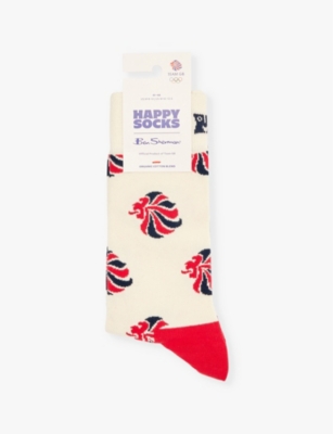 HAPPY SOCKS MENS HAPPY SOCKS X BEN SHERMAN TEAM GB LION STRETCH-ORGANIC-COTTON BLEND SOCKS WHITE 