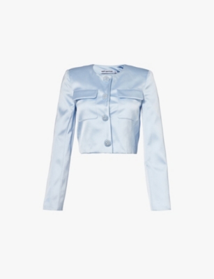 Self-portrait Womens Blue Rhinestone-buttons Two-flap Pockets Woven Jacket In Blue