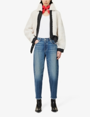 PAIGE WOMENS LOVEJOY DISTRESSED ALEXIS HIGH-RISE BARREL-LEG STRETCH-DENIM JEANS 
