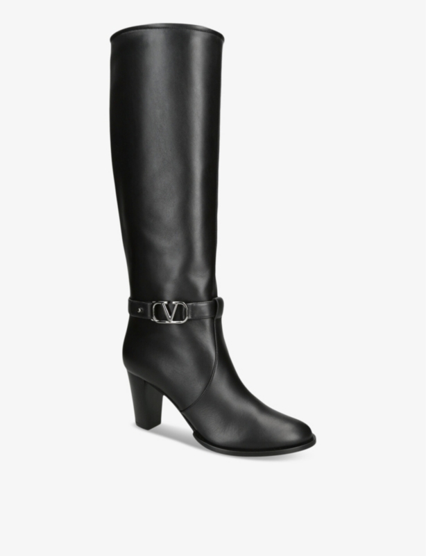 V-logo signature knee-high heeled leather boots