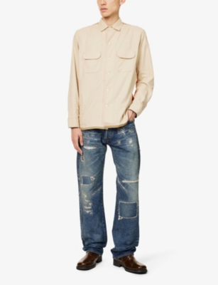 Shop Junya Watanabe Mens  Padded Flap-pockets Relaxed-fit Cotton-poplin Shirt In Beige X Orange