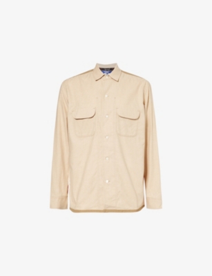 Shop Junya Watanabe Mens  Padded Flap-pockets Relaxed-fit Cotton-poplin Shirt In Beige X Orange