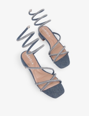CARVELA: Spiral crystal-embellished denim block-heel sandals