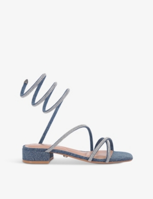 CARVELA: Spiral crystal-embellished denim block-heel sandals