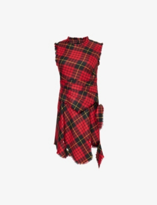 Alexander Mcqueen Womens Red Black Yellow Macqueen Distressed Tartan Wool Mini Dress In Gray