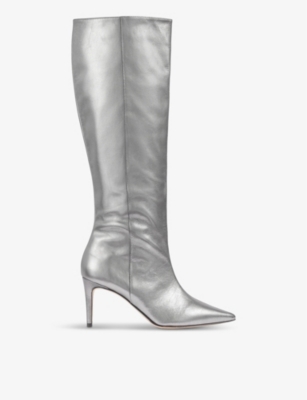 Lk Bennett Womens Met-pewter Astrid Pointed-toe Metallic Leather Heeled Knee-high Boots In Met-pewter