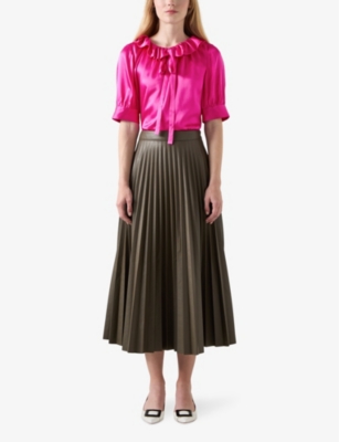Lk Bennett Womens Pin-bright Pink Coco Frill-neck Silk-satin Blouse In Pin-bright Pink