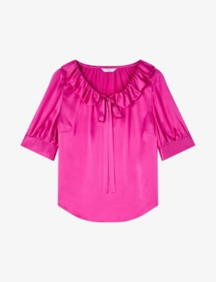 Lk Bennett Womens Pin-bright Pink Coco Frill-neck Silk-satin Blouse In Pin-bright Pink