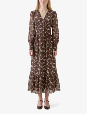 Lk Bennett Lucian Tiered Floral-print Midi Dress In Mul-brown
