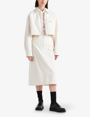 PRADA WOMENS WHITE BRAND-PLAQUE CROPPED DENIM JACKET 