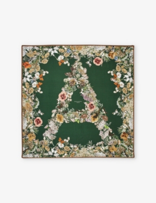 Aspinal Of London Womens Racing Green Ombre 'a' Floral-print Silk Scarf In Racing Green
