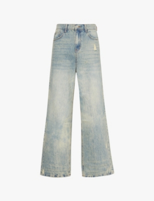 Shop Found Mens  Baggy Brand-patch Wide-leg Relaxed-fit Denim Jeans In Blue