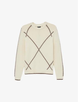 Reiss Mens  Parvey Embroidered Wool-blend Jumper In White/brown