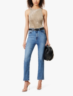 Shop Good American Womens Indigo316 Faded-wash Straight-leg Mid-rise Stretch-denim Blend Jeans