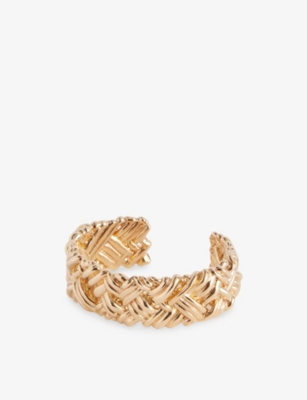 Bottega Veneta Womens  Intreccio Large Cuff 18ct Yellow Gold Plated Sterling Silver Bracelet In Metallic